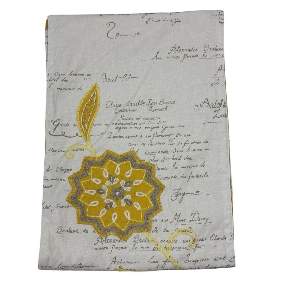 Pier 1 Imports Table Runner‎ Yellow Floral Embroidered With Writing 13in x 72in